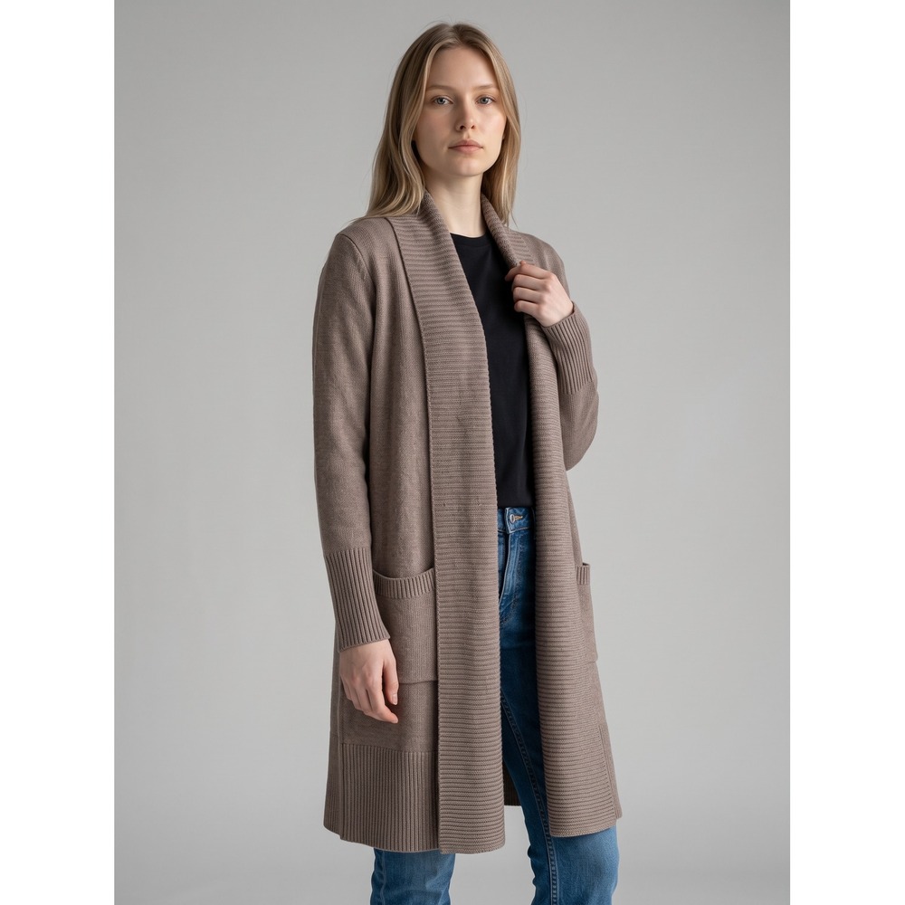 Cyrus Women XS Mocha Brown Ribbed Open Front Shawl Collar Duster Cardigan